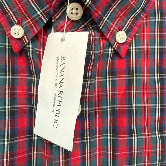 Banana Republic Button Down Shirt Mens Medium Red Elbow Patch Plaid Slim Fit NEW - Picture 7 of 10